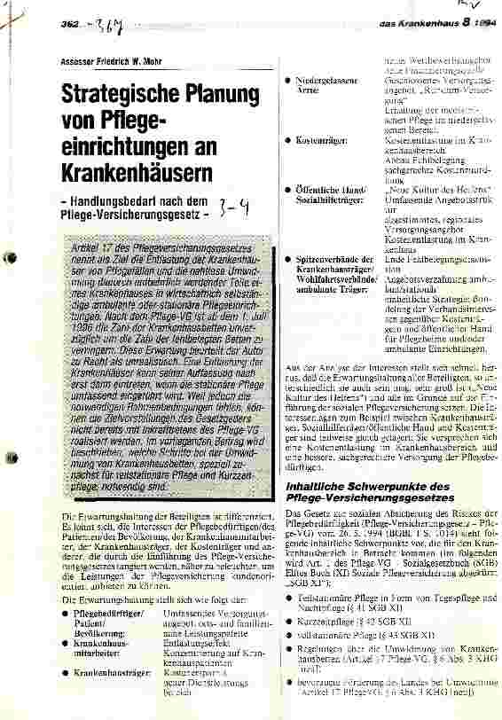 Vorschauseite 1: Strategische Planung von Pflegeeinrichtungen an Krankenhäusern Handlungsbedarf nach dem Pflege-Versicherungsgesetz