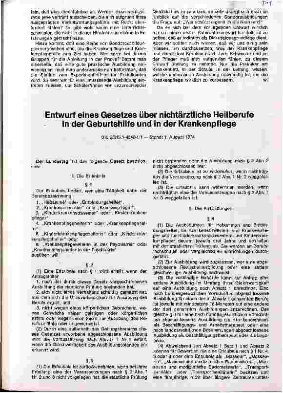 Vorschauseite 1: Entwurf eines Gesetzes über nichtärztliche Heilberufe in der Geburtshilfe u. in der Krankenpflege