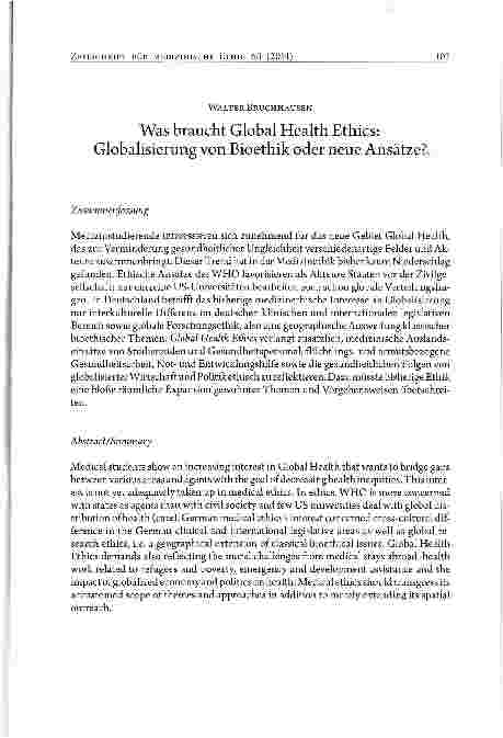 Vorschauseite 1: Was braucht Global Health Ethics: Globalisierung von Bioethik oder neue Ansätze?