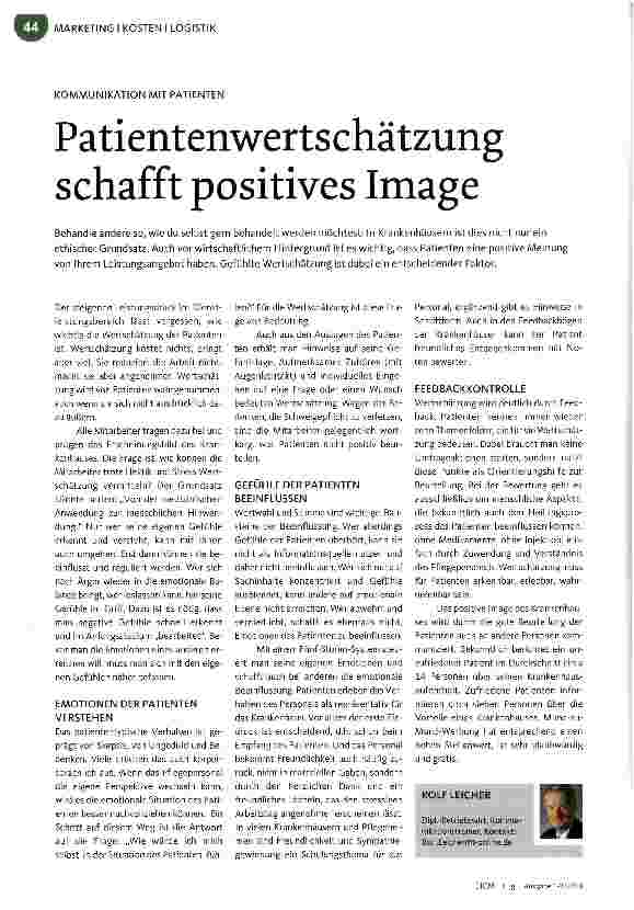 Vorschauseite 1: KOMMUNIKATION MIT PATIENTENPatientenwertschätzung schafft positives Image