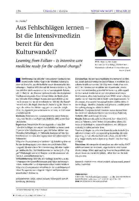 Vorschauseite 1: Aus Fehlschlägen lernen Ist die Intensivmedizin bereit für den Kulturwandel?