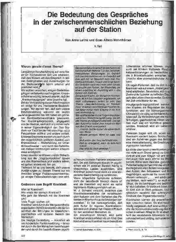 Vorschauseite 1: Die Bedeutung des Gespräches in der zwischenmenschlichen Beziehung auf der Station; 1. Teil