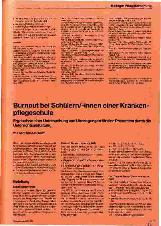 Vorschauseite 1: Burnout bei Schülern/innen einer Krankenpflegeschule Ergebnisse einer Untersuchung und Überlegungen für eine Prävention durch die Unterrichtsgestaltung