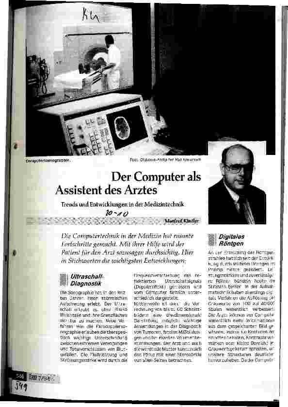 Vorschauseite 1: Der Computer als Assistent des Arztes Trends und Entwicklungen in der Medizintechnik