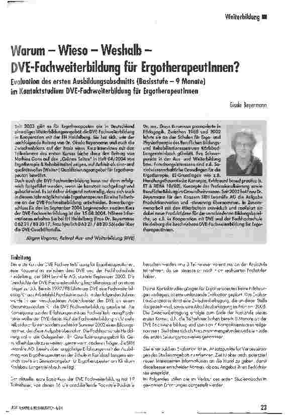 Vorschauseite 1: Warum - Wieso - Weshalb - DVE-Fachweiterbildung für Ergotherapeutlnnen?Evaluation des ersten Ausbildungsabschnitts (Basisstufe - 9 Monate) im Kontaktstudium DVE-Fachweiterbildung…