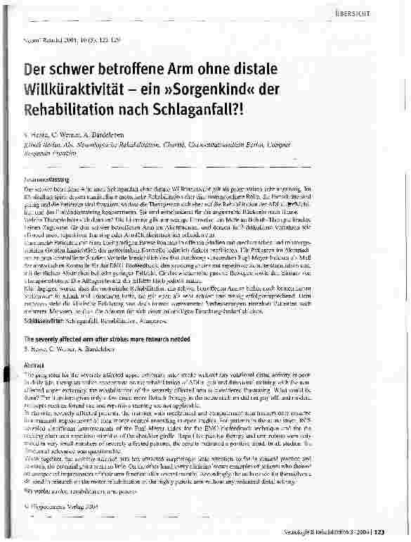 Vorschauseite 1: Der schwer betroffene Arm ohne distale Willküraktivität - ein Sorgenkind der Rehabilitation nach Schlaganfall? !