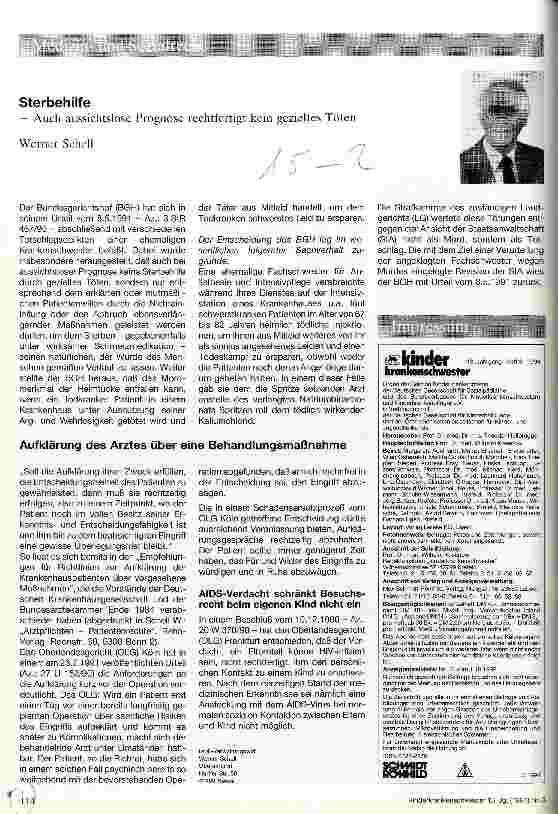 Vorschauseite 1: Sterbehilfe Auch aussichtslose Prognose rechtfertigt kein gezieltes Töten