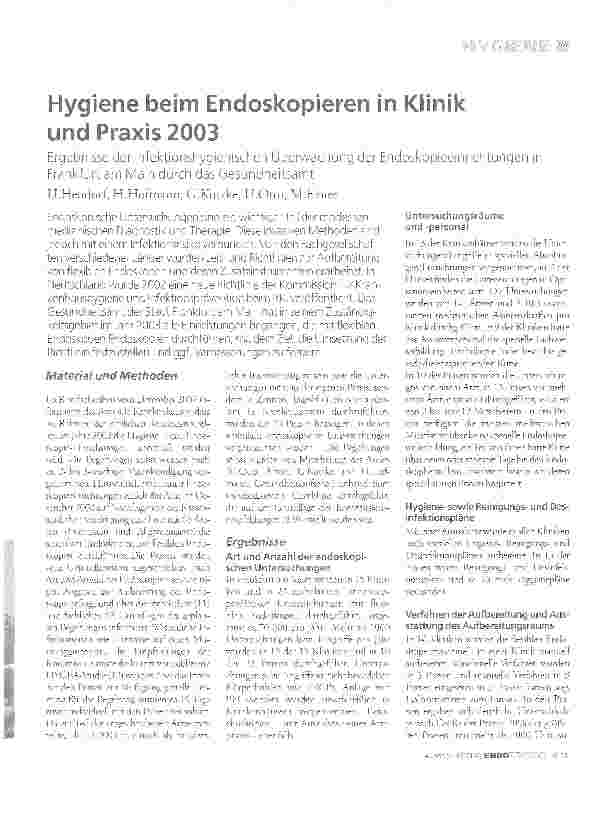 Vorschauseite 1: Hygiene beim Endoskopieren in Klinik und Praxis 2003Ergebnisse der infektionshygienischen Überwachung der Endoskopieeinrichtungen in Frankfurt am Main durch das Gesundheitsamt