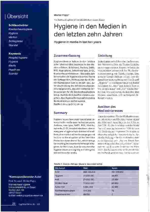 Vorschauseite 1: Hygiene in den Medien in den letzten zehn Jahren
