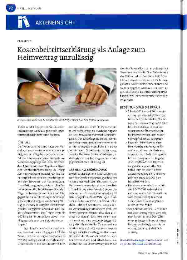 Vorschauseite 1: Kostenbeitrittserklärung als Anlage zum Heimvertrag unzulässig