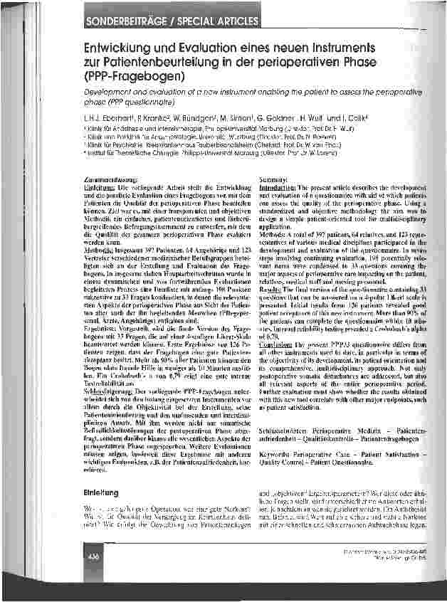 Vorschauseite 1: Entwicklung und Evaluation eines neuen Instruments zur Patientenbeurteilung in der perioperativen Phase (PPP-Fragebogen)
