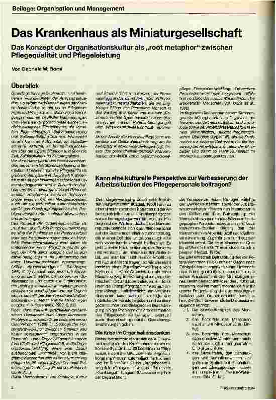 Vorschauseite 1: Das Krankenhaus als Miniaturgesellschaft Das Konzept der Organisationskultur alsRoot-Metaphor zwischen Pflegequalität und Pflegeleistung
