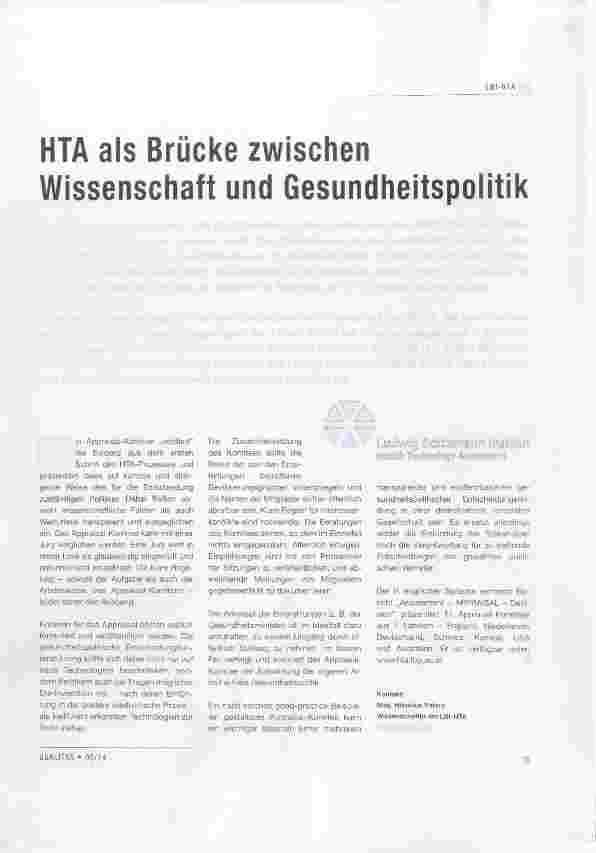 Vorschauseite 1: HTA als Brücke zwischen Wissenschaft und Gesundheitspolitik