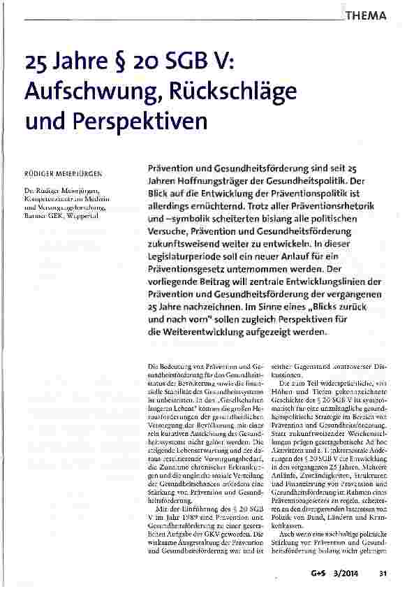 Vorschauseite 1: 25 Jahre § 20SGB V: Aufschwung, Rückschläge und Perspektiven