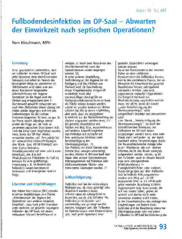 Vorschauseite 1: Fußbodendesinfektion im OP-Saal - Abwarten der Einwirkzeit nach septischen Operationen?