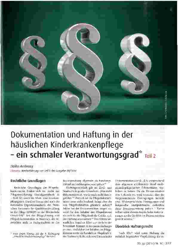 Vorschauseite 1: Dokumentation und Haftung in der häuslichen Kinderkrankenpflege - ein schmaler Verantwortungsgrad Teil 2