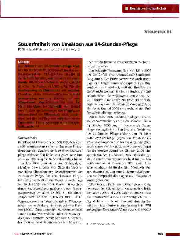 Vorschauseite 1: Steuerfreiheit von Umsätzen aus 24-Stunden-Pflege FG Rheinland-Pfalz vom 10.4.2014 (6 K 1796/13)