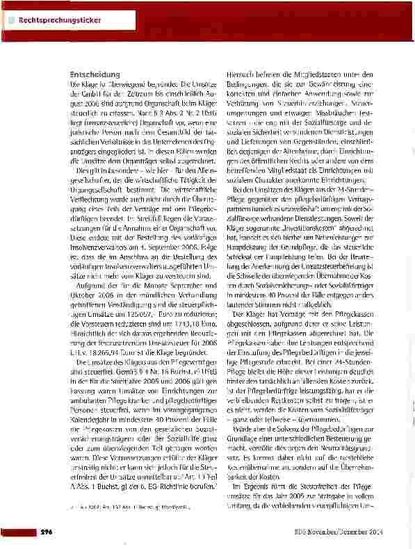 Vorschauseite 2: Steuerfreiheit von Umsätzen aus 24-Stunden-Pflege FG Rheinland-Pfalz vom 10.4.2014 (6 K 1796/13)