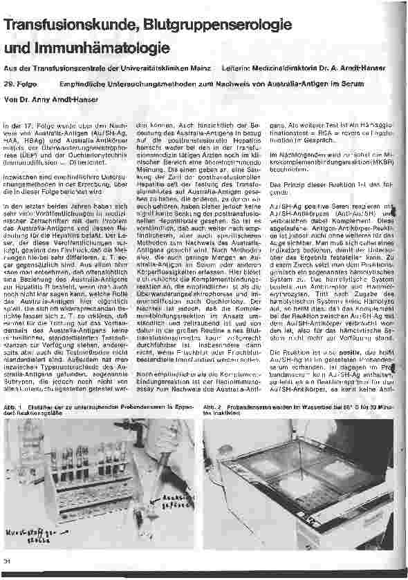 Vorschauseite 1: Transfusionskunde, Blutgruppenserologie und Immunhämatologie /29.Folge Empfindliche Untersuchungsmethoden zum Nachweiß v.Australia-Antigenen