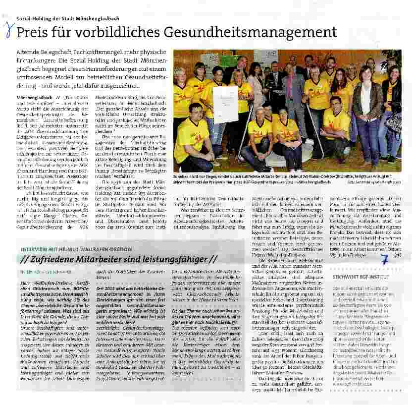 Vorschauseite 1: Sozial-Holding der Stadt Mönchengladbach Preis für vorbildliches Gesundheitsmanagement