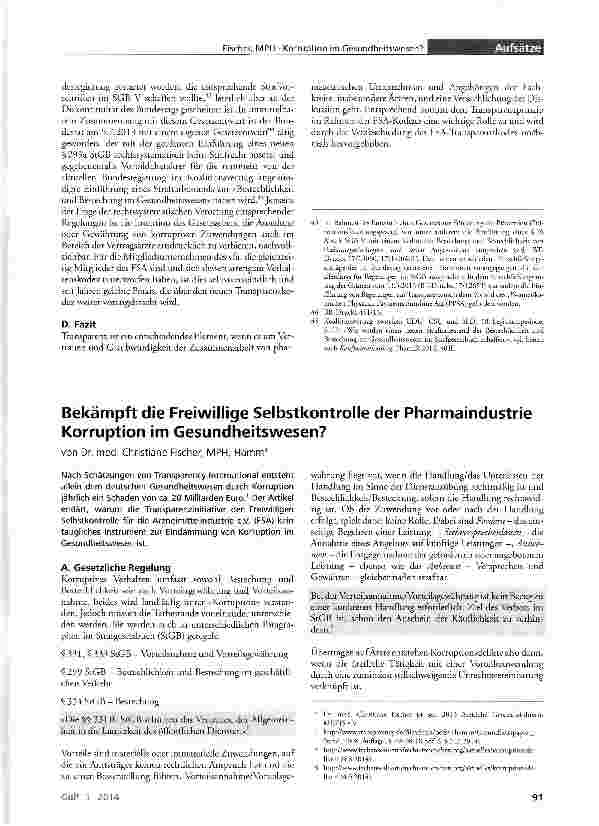 Vorschauseite 1: Bekämpft die Freiwillige Selbstkontrolle der Pharmaindustrie Korruption im Gesundheitswesen?
