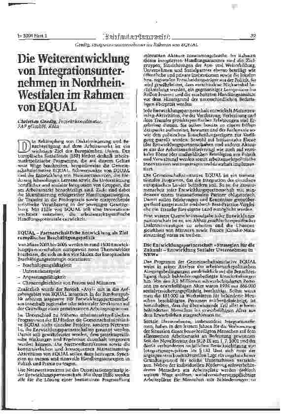 Vorschauseite 1: Die Weiterentwicklung von Integrationsunternehmen in Nordrhein-Westfalen im Rahmen von EQUAL