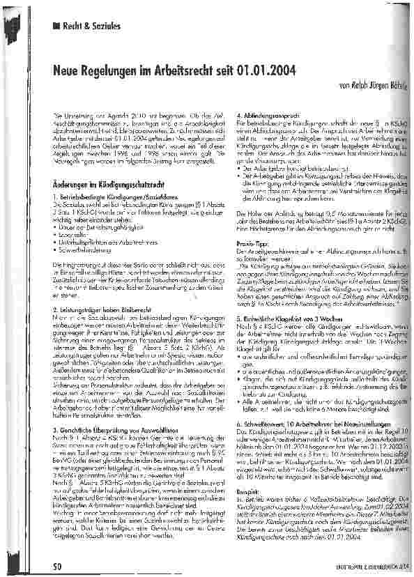 Vorschauseite 1: Neue Regelungen im Arbeitsrecht seit 01.01.2004