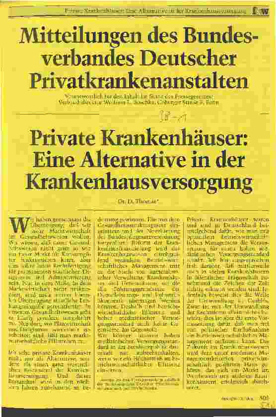 Vorschauseite 1: Mitteilungen des Bundesverbandes Deutscher Privatkrankenanstalten Private Krankenhäuser: Eine Alternative in der Krankenhausversorgung