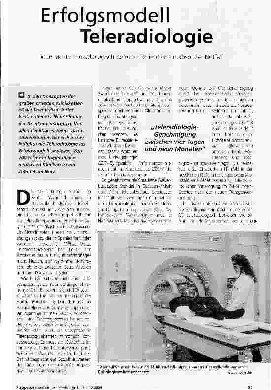 Vorschauseite 1: Erfolgsmodell TeleradiologieJeder achte teleradiologisch betreute Patient ist ein absoluter Notfall