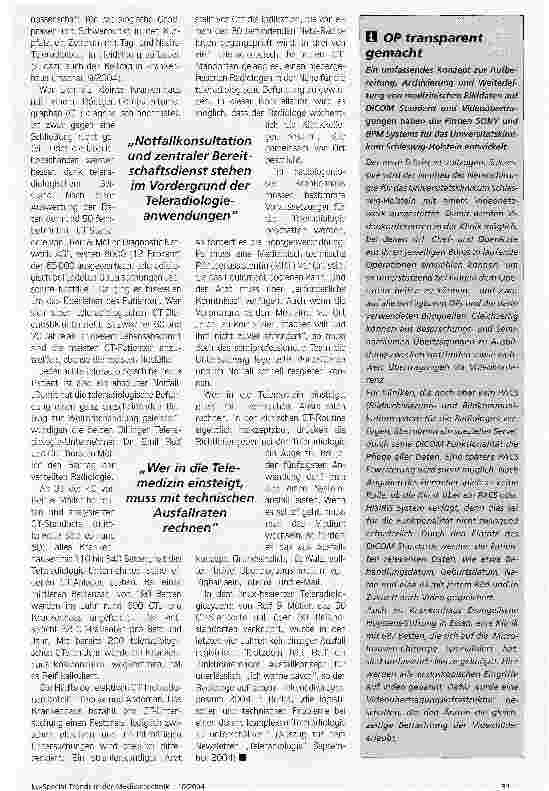 Vorschauseite 3: Erfolgsmodell TeleradiologieJeder achte teleradiologisch betreute Patient ist ein absoluter Notfall