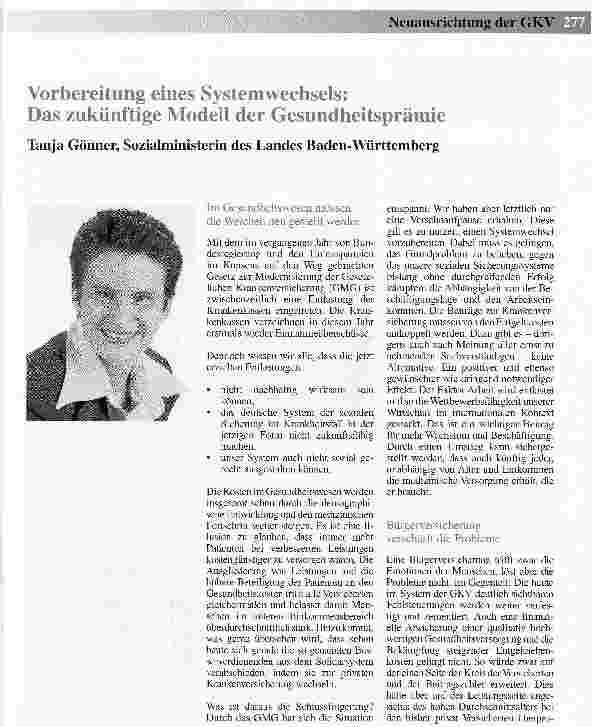 Vorschauseite 1: Vorbereitung eines Systemwechsels:Das zukünftige Modell der Gesundheitsprämie