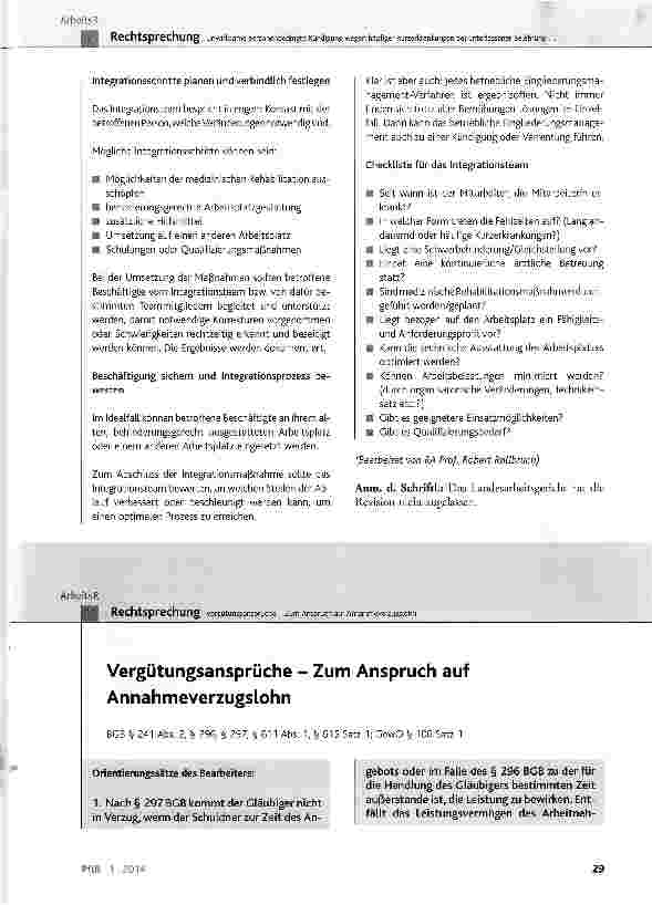 Vorschauseite 1: Vergütungsansprüche - Zum Anspruch auf Annahmeverzugslohn