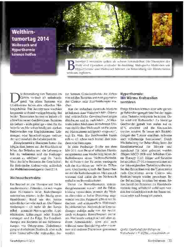 Vorschauseite 1: Welrthirn-tumortag 2014 Weihrauch und Hyperthermie können helfen