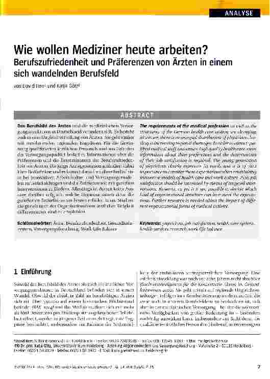 Vorschauseite 1: Wie wollen Mediziner heute arbeiten? Berufszufriedenheit und Präferenzen von Ärzten in einem sich wandelnden Berufsfeld