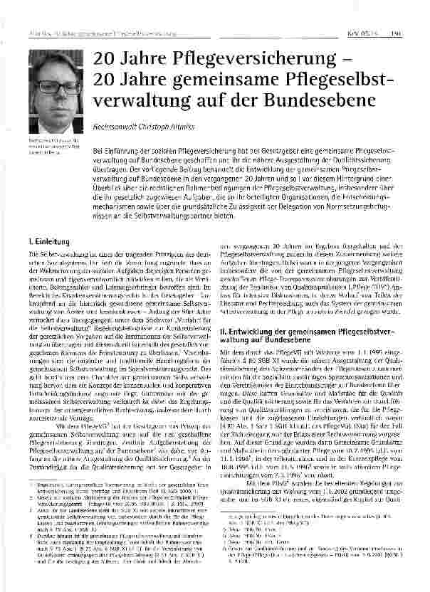 Vorschauseite 1: 20 Jahre Pflegeversicherung -20 Jahre gemeinsame Pflegeselbst-verwaltung auf der Bundesebene