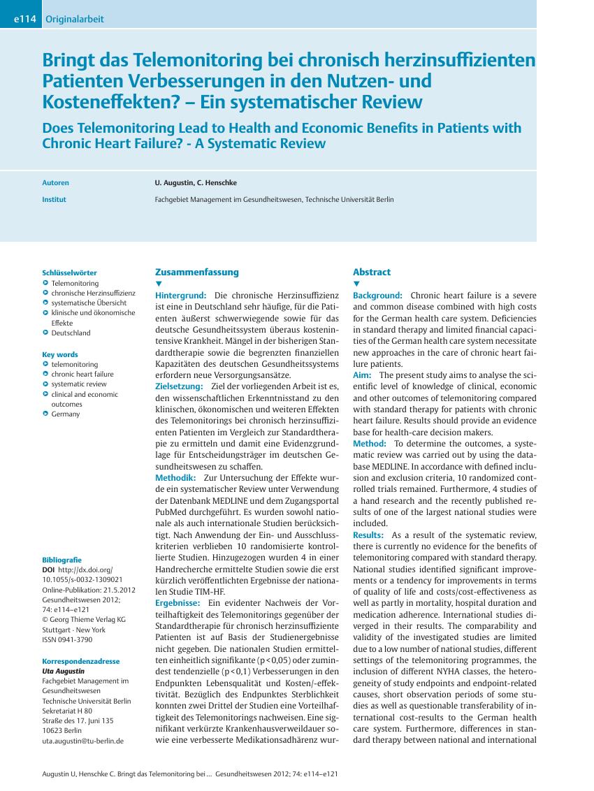 Vorschauseite 1: Bringt das Telemonitoring bei chronisch herzinsuffizienten Patienten Verbesserungen in den Nutzenund Kosteneffekten? – Ein systematischer Review