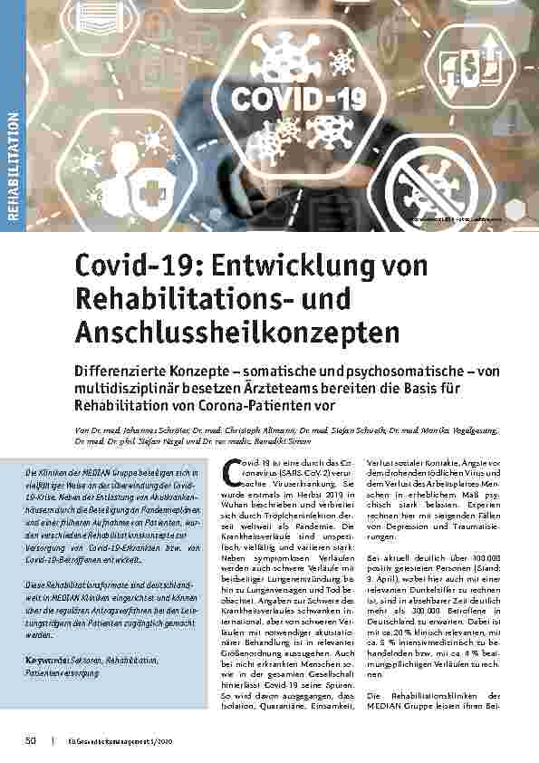 Vorschauseite 1: Covid-19: Entwicklung von Rehabilitationsund Anschlussheilkonzepten. Differenzierte Konzepte – somatische und psychosomatische – von multidisziplinär besetzten Ärzteteams bereiten…