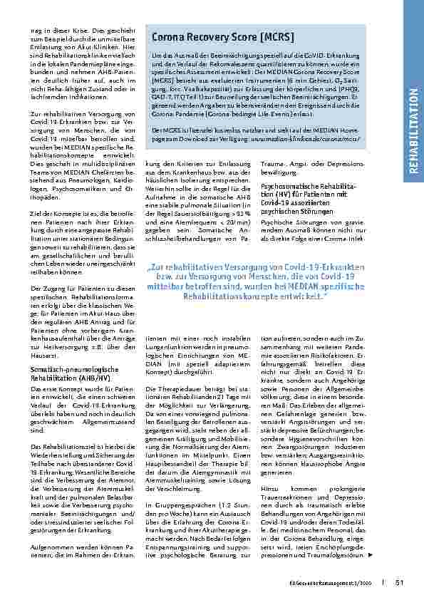 Vorschauseite 2: Covid-19: Entwicklung von Rehabilitationsund Anschlussheilkonzepten. Differenzierte Konzepte – somatische und psychosomatische – von multidisziplinär besetzten Ärzteteams bereiten…