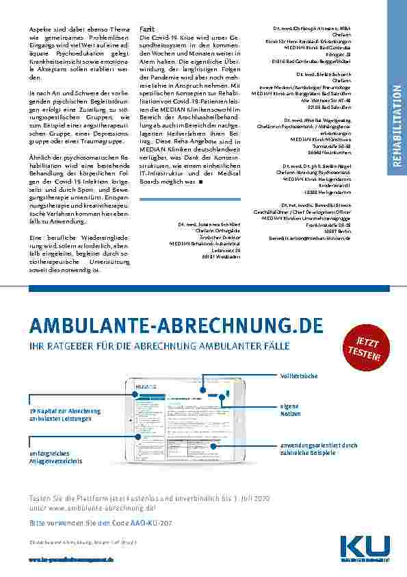 Vorschauseite 4: Covid-19: Entwicklung von Rehabilitationsund Anschlussheilkonzepten. Differenzierte Konzepte – somatische und psychosomatische – von multidisziplinär besetzten Ärzteteams bereiten…