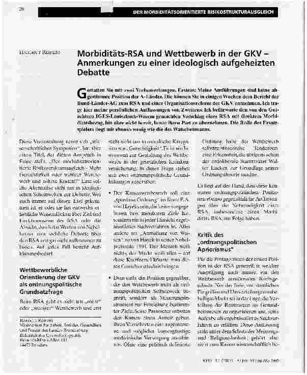 Vorschauseite 1: Morbiditäts-RSA und Wettbewerb in der GKV -Anmerkungen zu einer ideologisch aufgeheizten Debatte