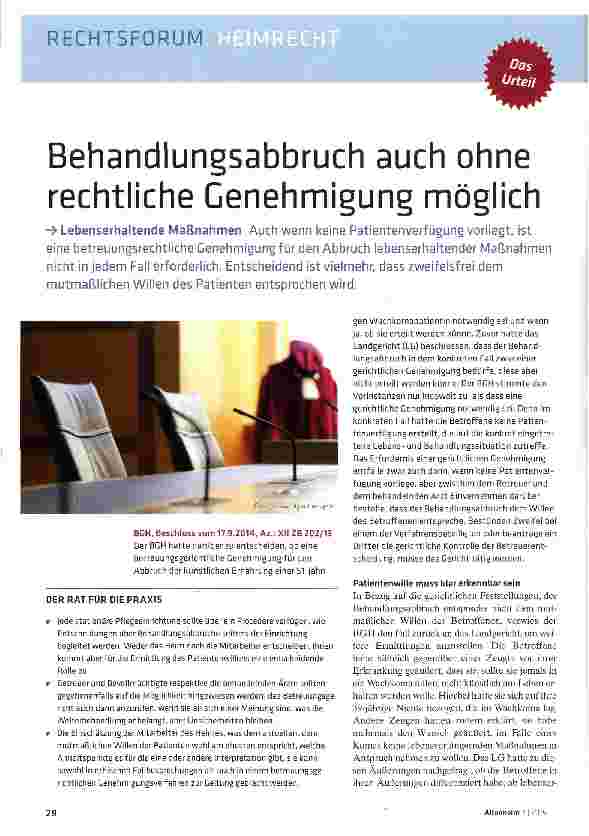 Vorschauseite 1: Behandlungsabbruch auch ohne rechtliche Genehmigung möglich