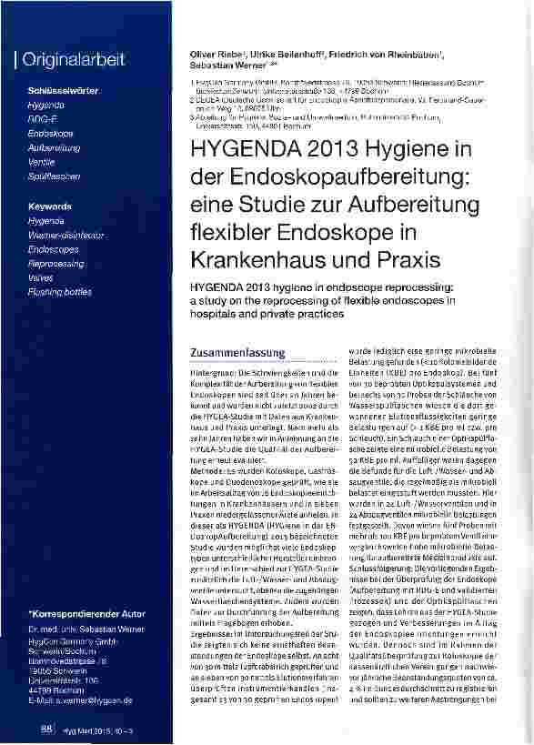 Vorschauseite 1: HYGENDA 2013 Hygiene in der Endoskopaufbereitung: eine Studie zur Aufbereitung flexibler Endoskope in Krankenhaus und Praxis