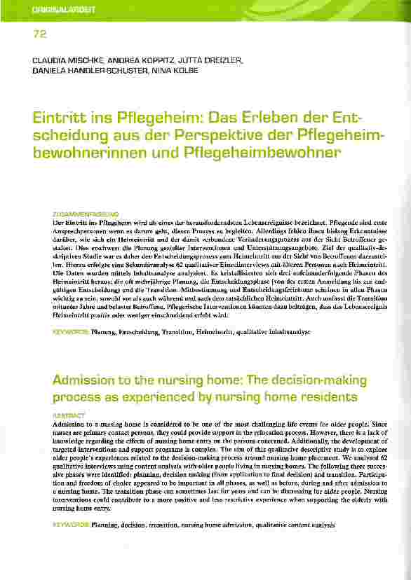 Vorschauseite 1: Eintritt ins Pflegeheim: Das Erleben der Ent-scheidung aus der Perspektive der Pflegeheim-bewohnerinnen und Pflegeheimbewohner