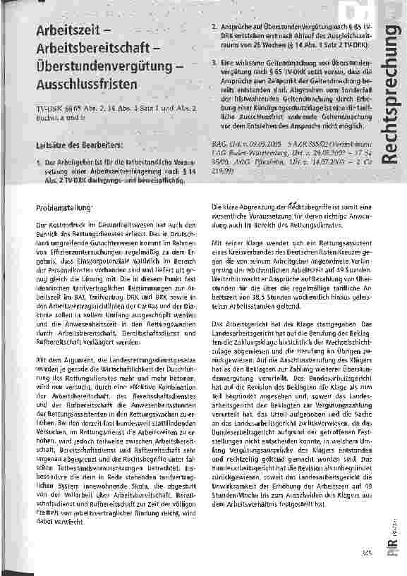 Vorschauseite 1: Arbeitszeit-Arbeitsbereitschaft -Überstundenvergütung Ausschlussfristen
