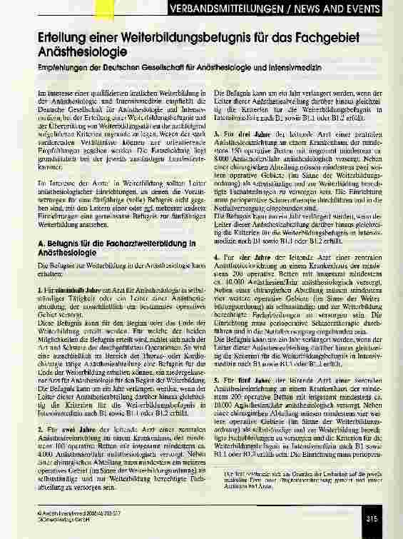 Vorschauseite 1: Erteilung einer Weiterbildungsbefugnis für das Fachgebiet AnästhesiologieEmpfehlungen der Deutschen Gesellschaft für Anästhesiologie und Intensivmedizin