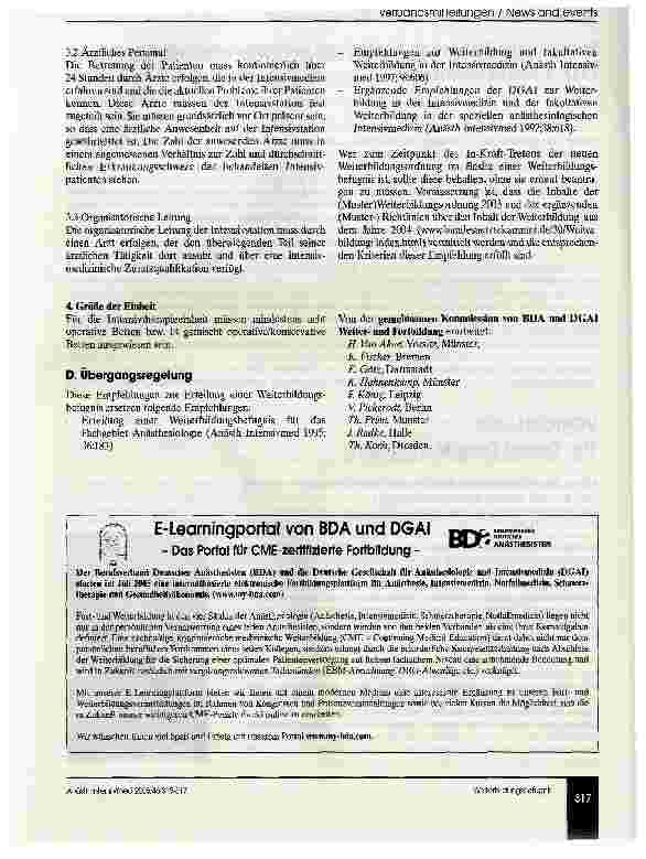 Vorschauseite 3: Erteilung einer Weiterbildungsbefugnis für das Fachgebiet AnästhesiologieEmpfehlungen der Deutschen Gesellschaft für Anästhesiologie und Intensivmedizin