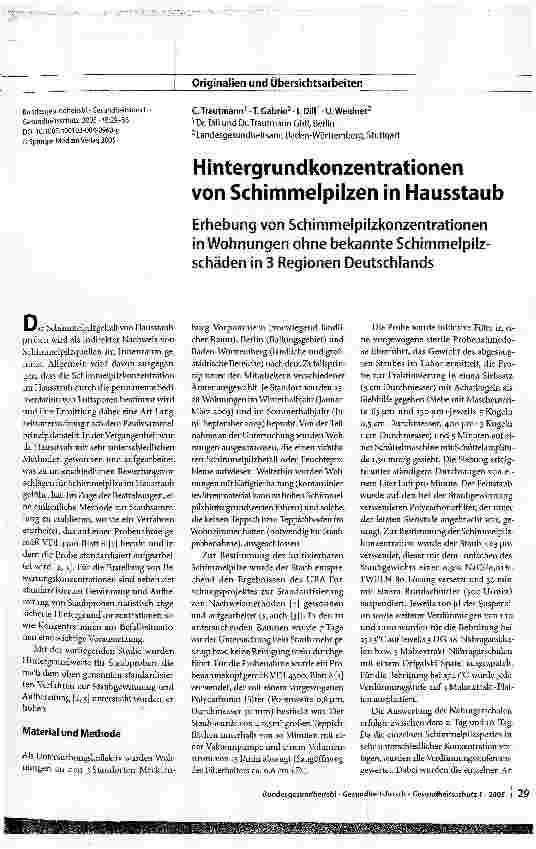 Vorschauseite 1: Hintergrundkonzentrationen von Schimmelpilzen in HausstaubErhebung von Schimmelpilzkonzentrationen in Wohnungen ohne bekannte Schimmelpilzschäden in 3 Regionen Deutschlands