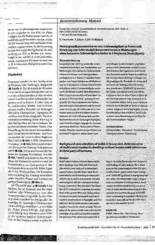 Vorschauseite 3: Hintergrundkonzentrationen von Schimmelpilzen in HausstaubErhebung von Schimmelpilzkonzentrationen in Wohnungen ohne bekannte Schimmelpilzschäden in 3 Regionen Deutschlands