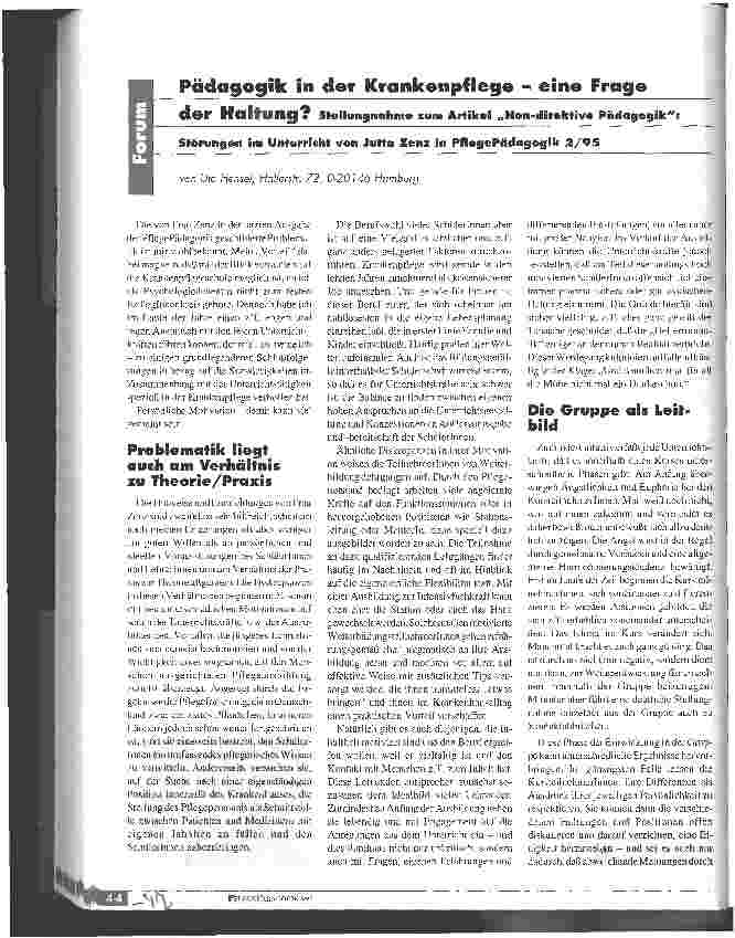 Vorschauseite 1: Pädagogik in der Krankenpflege - eine Frage der Haltung? Stellungnahme zum Artikel Non-direktive Pädagogik: Störungen im Unterricht von Jutta Zenz in Pflege Pädagogik 2/95