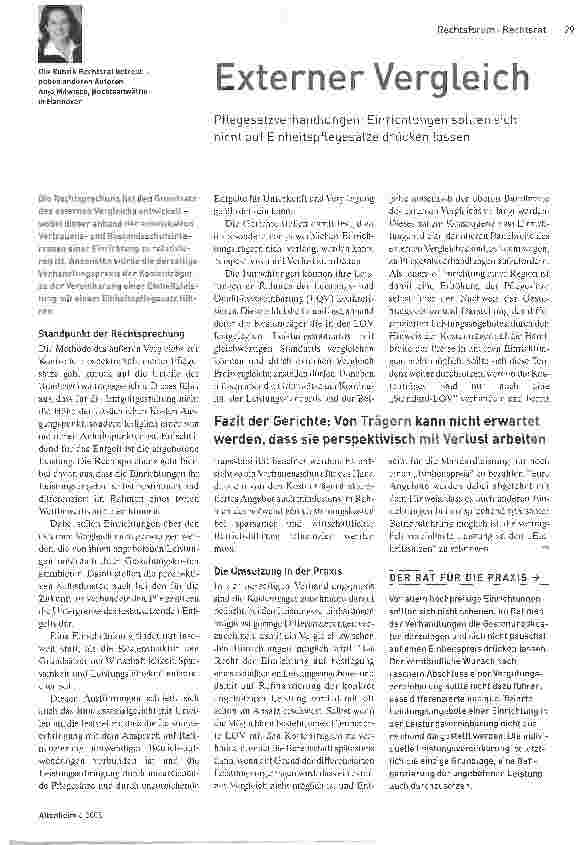 Vorschauseite 1: Externer Vergleich. Pflegesatzverhandlungen: Einrichtungen sollten sich nicht auf Einheitspflegesätze drücken lassen